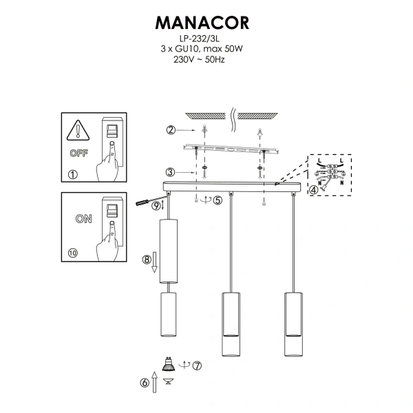 Lampa wisząca Manacor listwa czarna 3xGU10