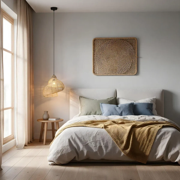 Lampa wisząca Shella 40 cm rattanowa jasne drewno 1xE27