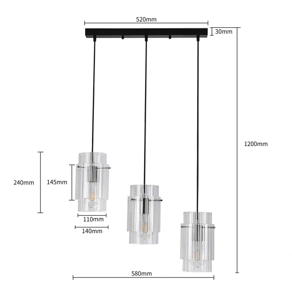Lampa wisząca Savona 3 listwa transparentno-czarna 3xE27