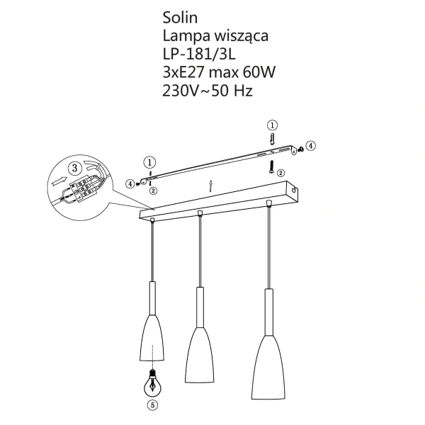 Lampa wisząca Solin 3 listwa 50 cm czarna 3xE27