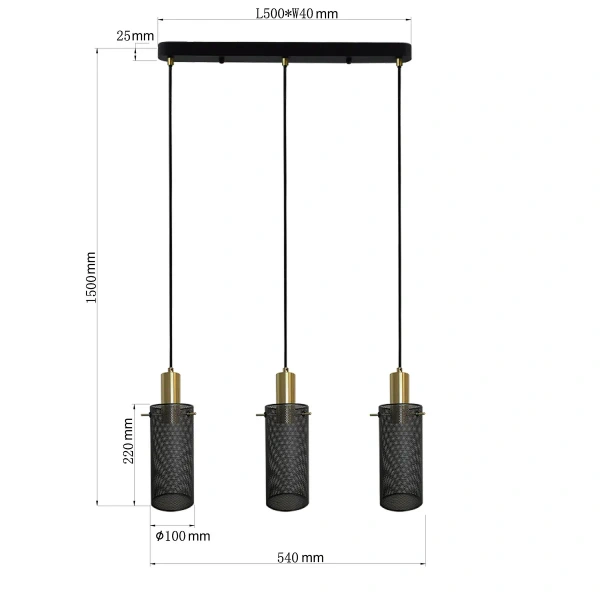 Lampa wisząca Tirana 3 listwa 50 cm czarna 3xE27