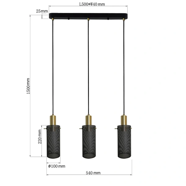 Lampa wisząca Tirana 3 listwa 50 cm czarna 3xE27