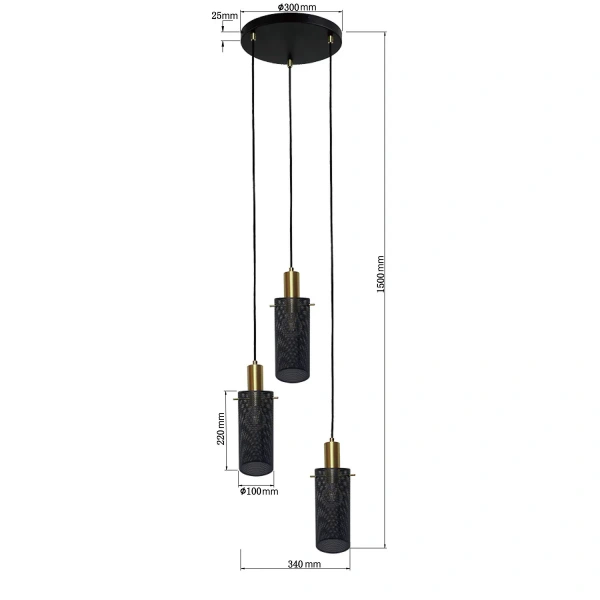 Lampa wisząca Tirana 3 okrągła czarno-złota 3xE27