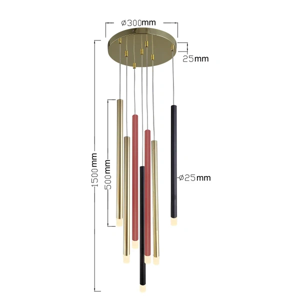 Lampa wisząca Lungo 7 złoto-czerwono-czarna 7xG9